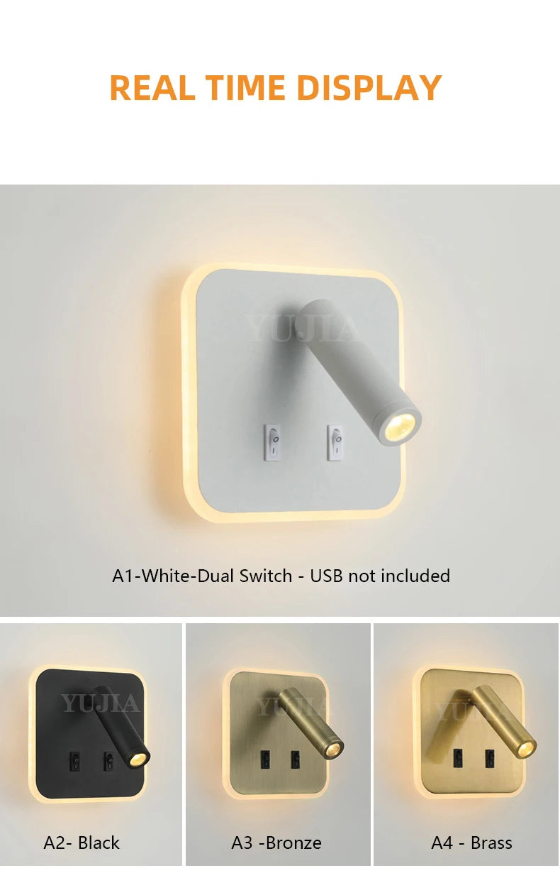 Contemporary Multifunctional LED Wall Sconce with Switch Modern Adjustable Reading Lamp USB Charging Ports for Bedrooms Offices
