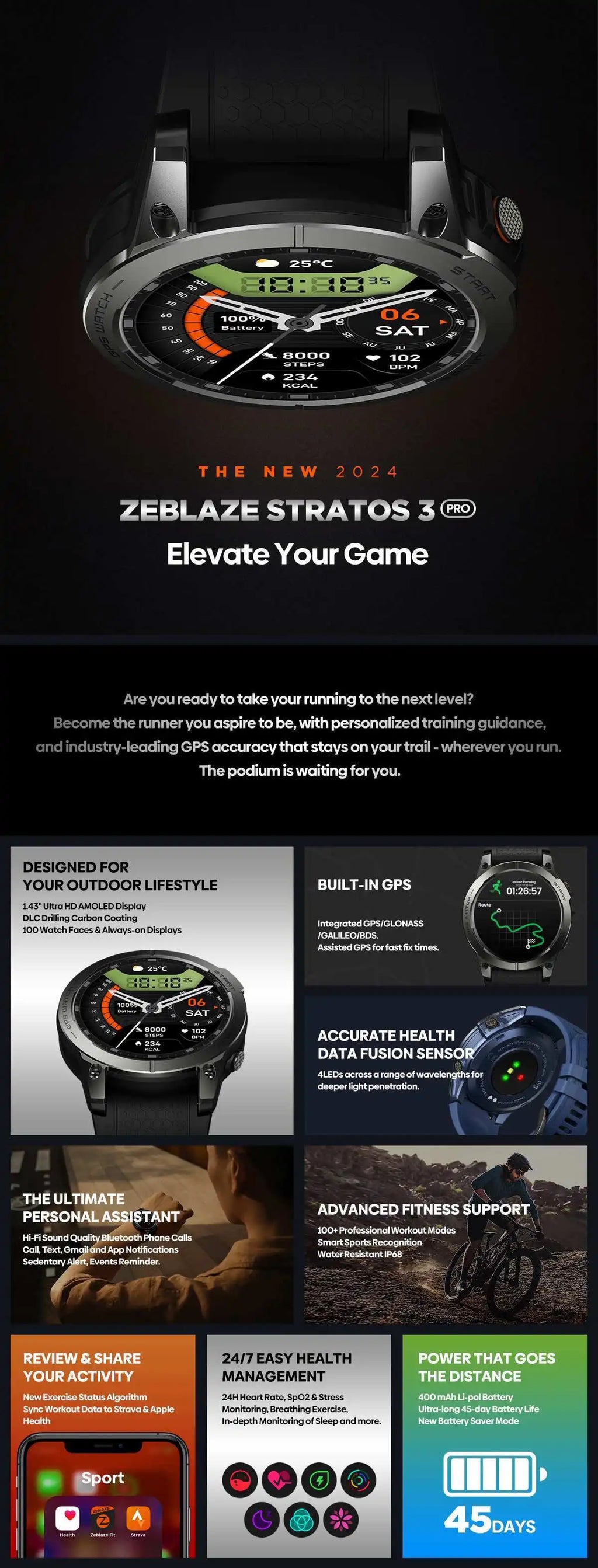 [2024 World Premiere] Zeblaze Stratos 3 Pro GPS Smart Watch Built-in GPS 1.43'' AMOLED Display Bluetooth Phone Calls For Man