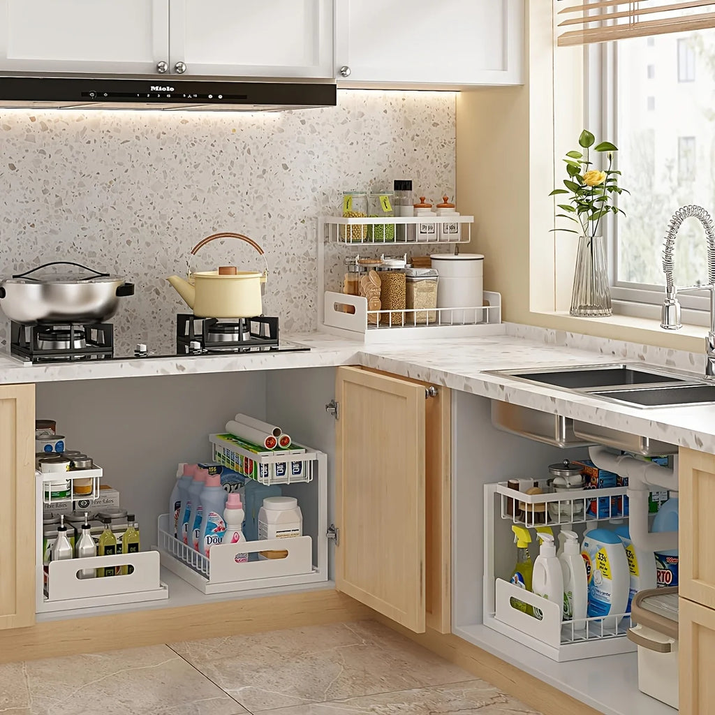 2-Tier Sliding Under Sink Organizer - Rustproof Metal Storage for Kitchen & Bathroom Cabinets,Ideal for Cleaning Supplies
