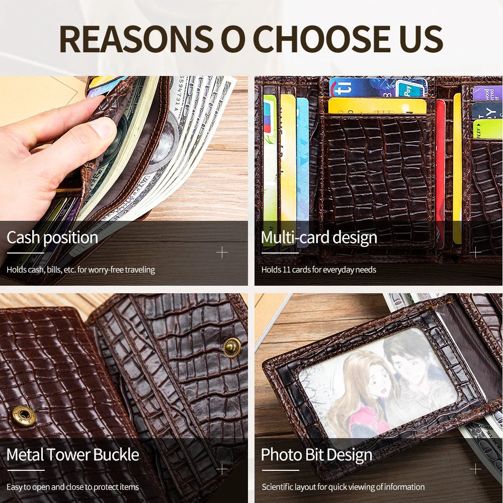 100%Leather men's wallet, leather short multi card bag, leather men's wallet, crocodile patterned wallet