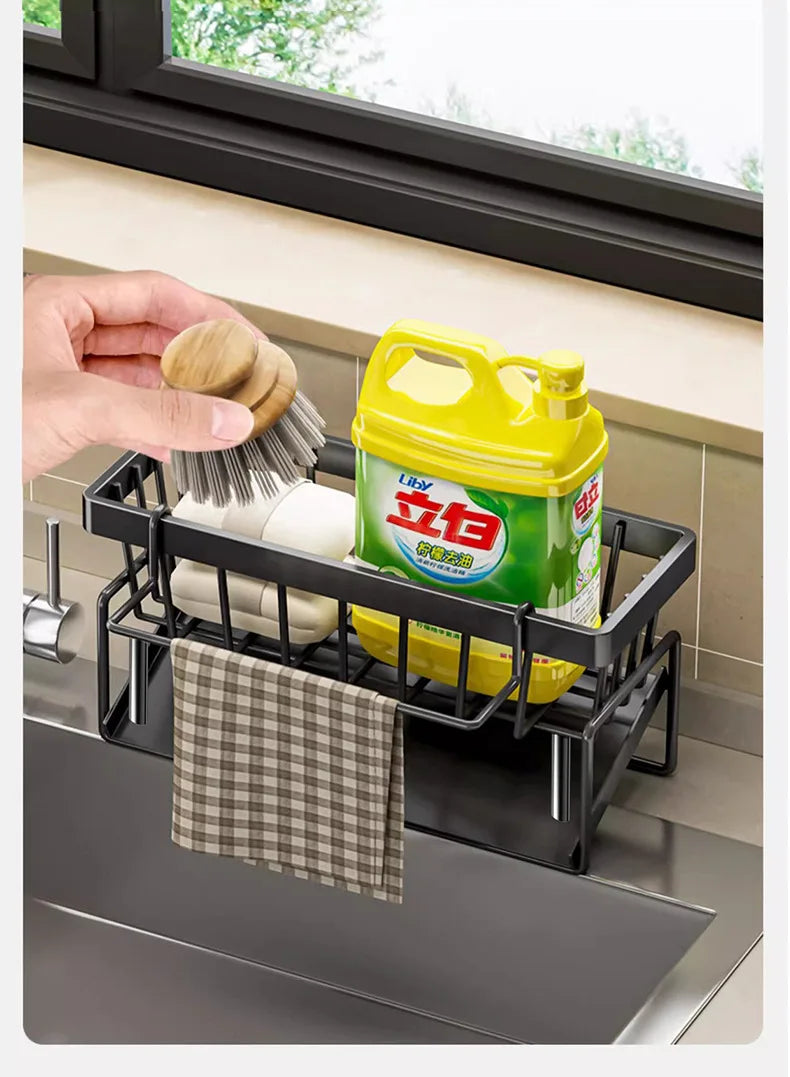 Kitchen Sponge Holder Drain Rack Sink Organizer for Dish Cloth Scrubber Storage with Hanging Hook