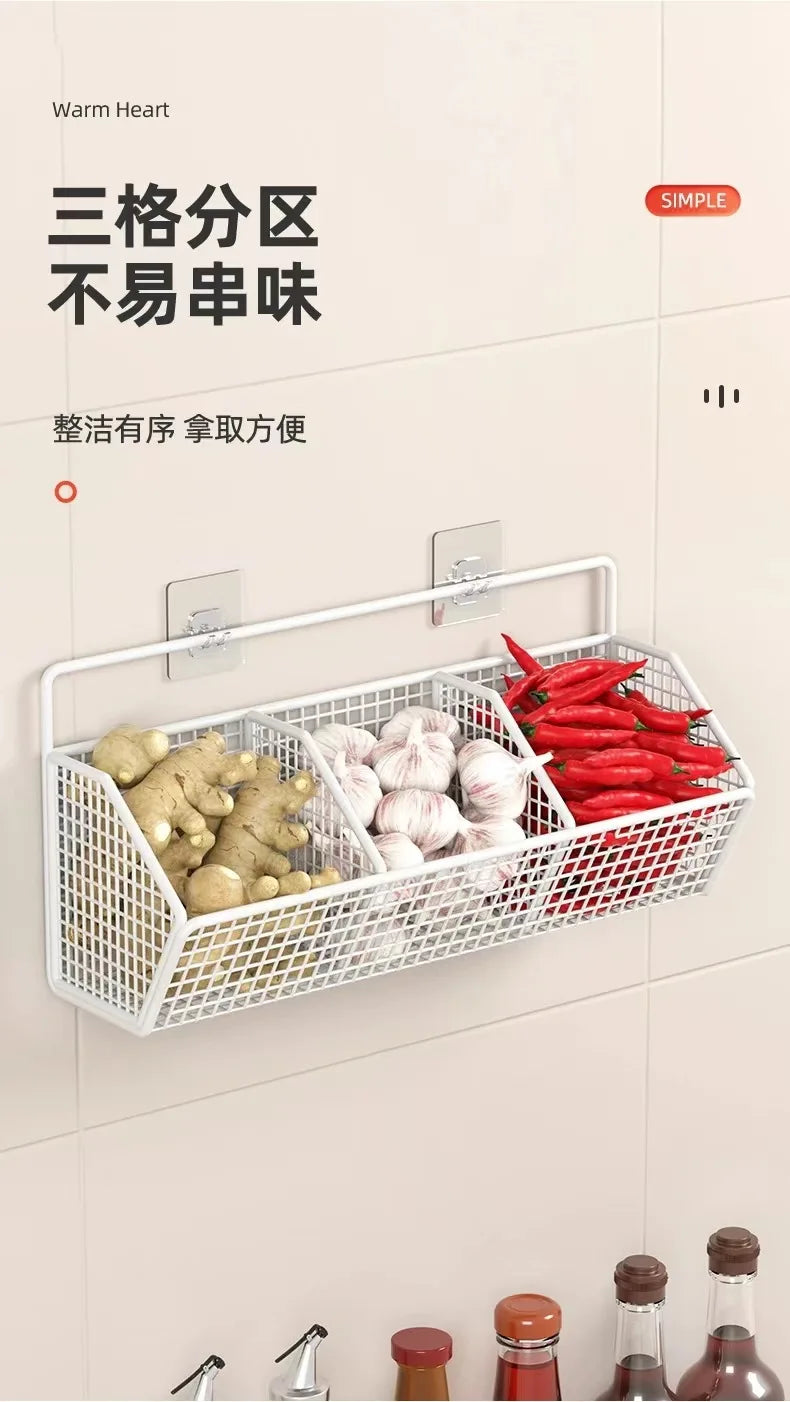 AOBT Wall-Mounted Green Onion Ginger Garlic Storage Rack Punch-Free Kitchen Multi-Functional Basket Organizer for Spices Herbs
