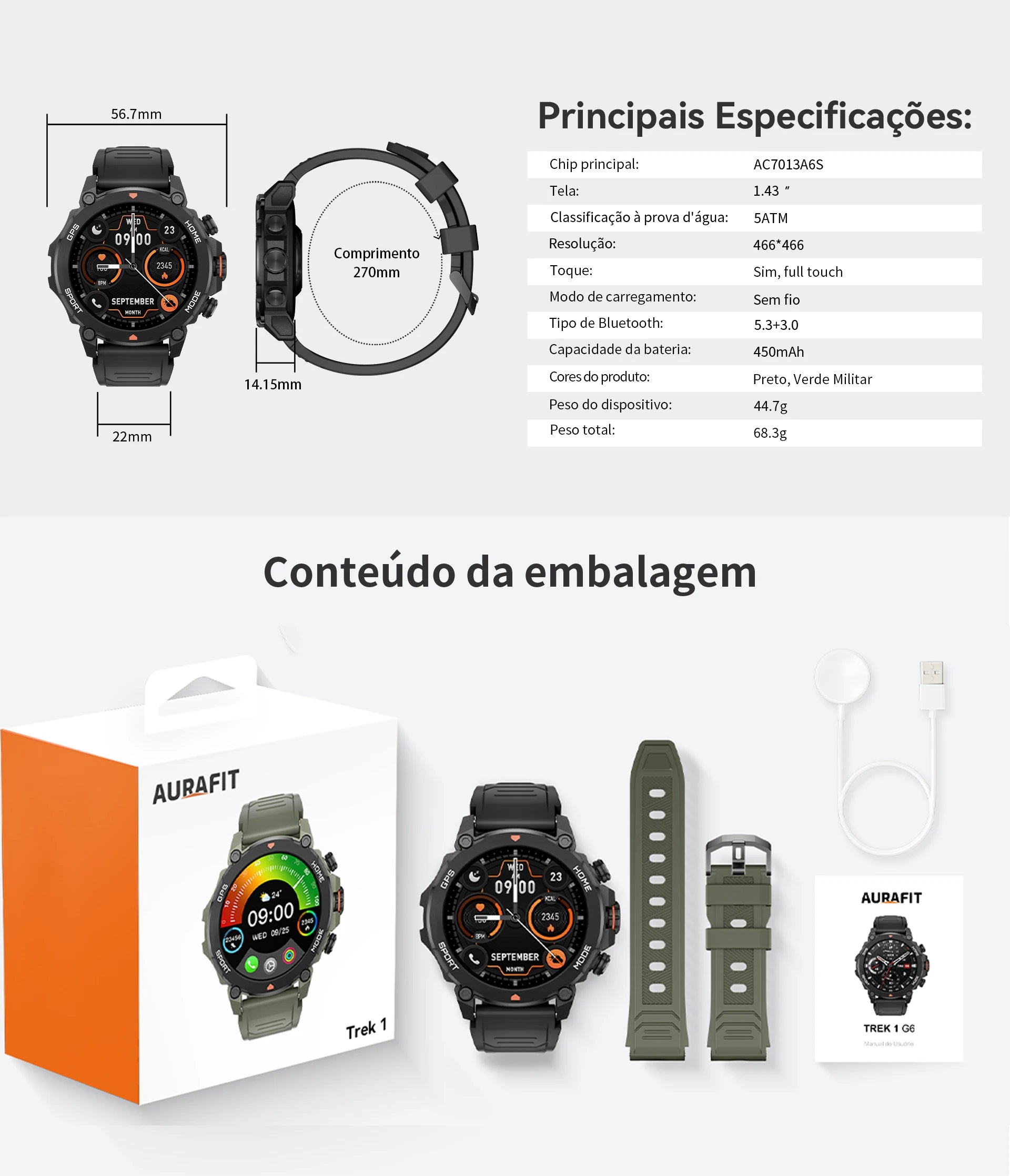 AURAFIT Reloj Hombre GPS SmartWatch 1.43 HD AMOLED GPS Integrated Telephone Llamades Deportes Smartwatch for hombres