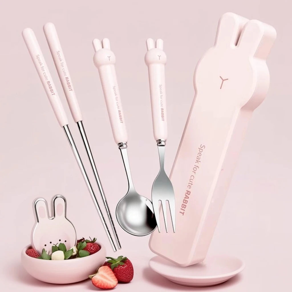WORTHBUY 3/4PCS Cute Portable Dinnerware Set Reusable 304 Stainless Steel Fork Spoon Chopsticks With Box Cutlery For Kid Student