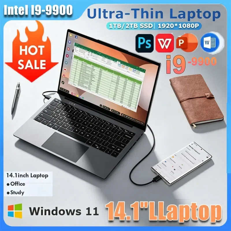 2026 New 14.1 Inch Ultra Slim Laptop Intel i9-9900 Win11 16GB/32GB DDR4 RAM 2TB SSD Portable Business Office Notebook