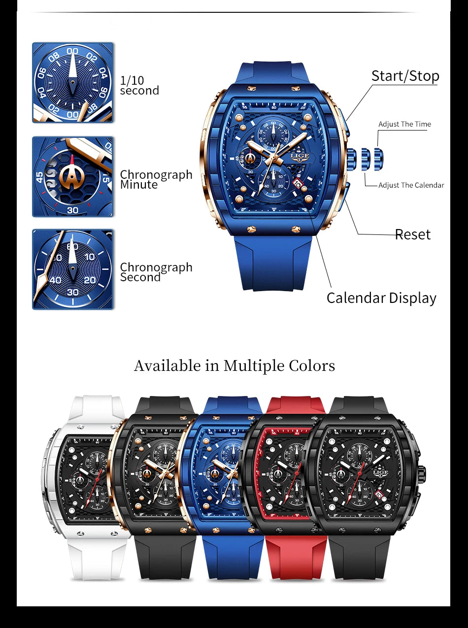 LIGE Man Watch Fashion Luxury Waterproof Silicone Strap Quartz Men's Watches Luminous Sports Auto Date Chronograph Simple Clocks