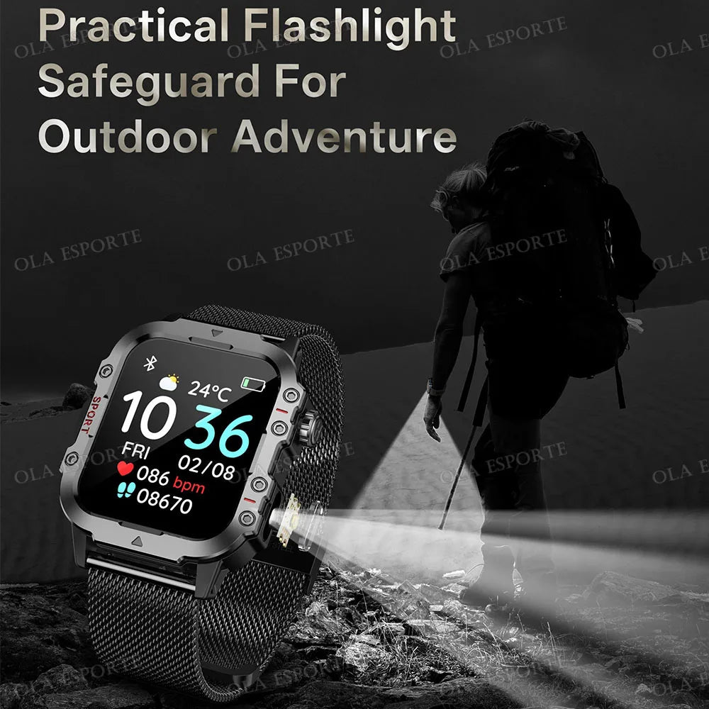 New Military Smart Watch Men Health Monitor 5ATM Waterproof Outdoor Sport Tracker BT Voice Call LED Flashlight Smartwatch HW12