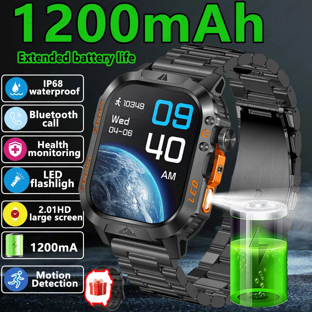 2026 New Outdoor Military Smart Watch 1200mAh Battery GPS HD Call Health Monitoring 2.01-inch Waterproof Sports Smartwatch Men