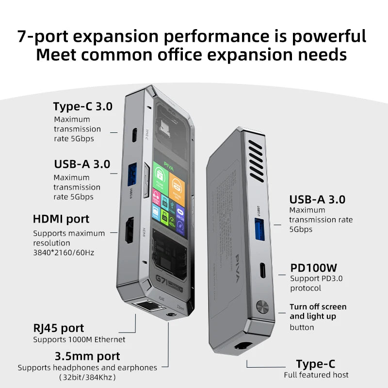 PIVA G71 7 in 1 Aluminum Alloy Office Docking Station Smart Screen Display Type-C to HDMI2.0 USB3.0 HUB PD100W Adapter
