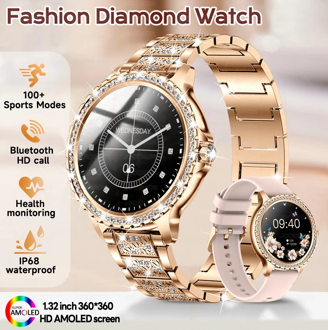 2026 New Fashion Women Diamond Watch 1.32 inch 360*360 HD Display Heart Rate Blood Oxygen Monitoring Bluetooth Call Smartwatch