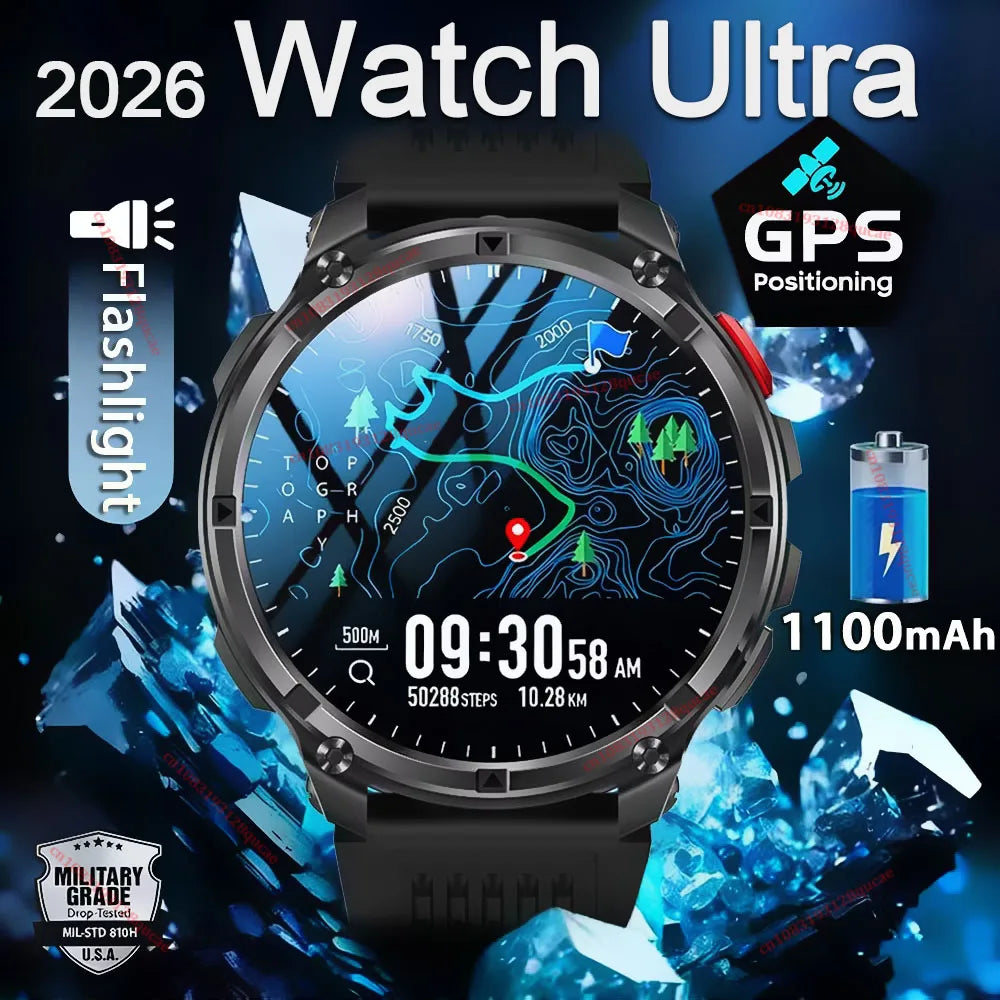 2026 Ultra 1100Mah Battery Military Smart Watch Men 1.7"AMOLED GPS Path 5ATM Waterproof Sports Compass LED Flashlight Smartwatch