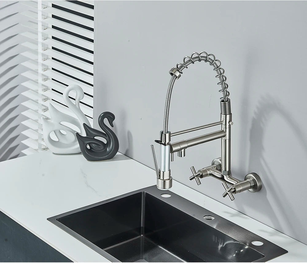 Gold Black Kitchen Faucet Wall Mount Pull Down Tap Vessel Sink Hot Cold Water Mixer Tap Spring Dual Swivel Spouts Sink Crane