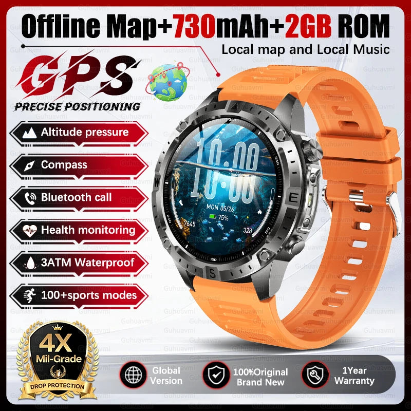 2026 Outdoor GPS Smart Watch Men 2GB ROM Offline Map 730mAh Battery 3ATM Waterproof Compass Altimeter Health Monitor Smartwatch
