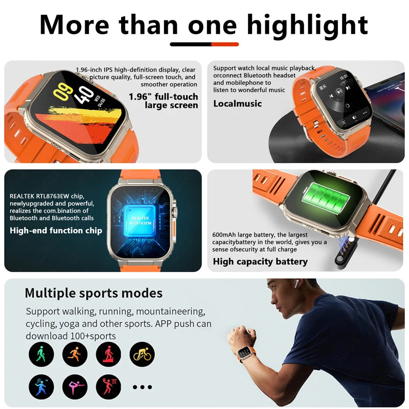 LIGE 600mAh high-Capacity Smart Watch Ultra Watch Men Bluetooth Call TWS Local Music Smartwatch Sport IP68 Waterproof Watches