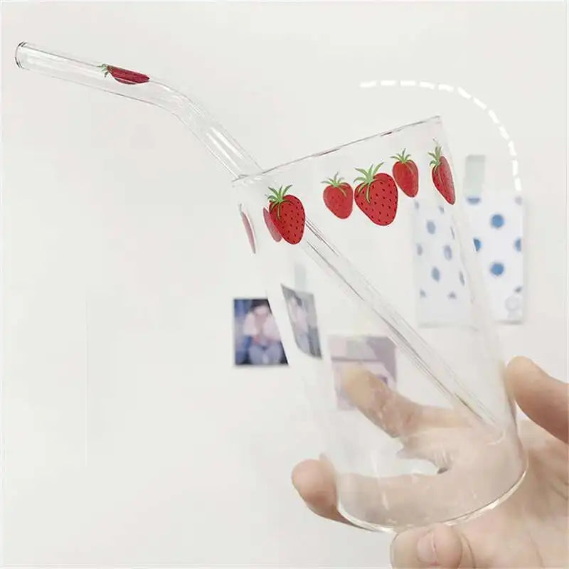 300 ML High Borosilicate Nana Cute Strawberry Water Milk Drinking Glasses Cup with Straw Upgrade Thickened Version Gift