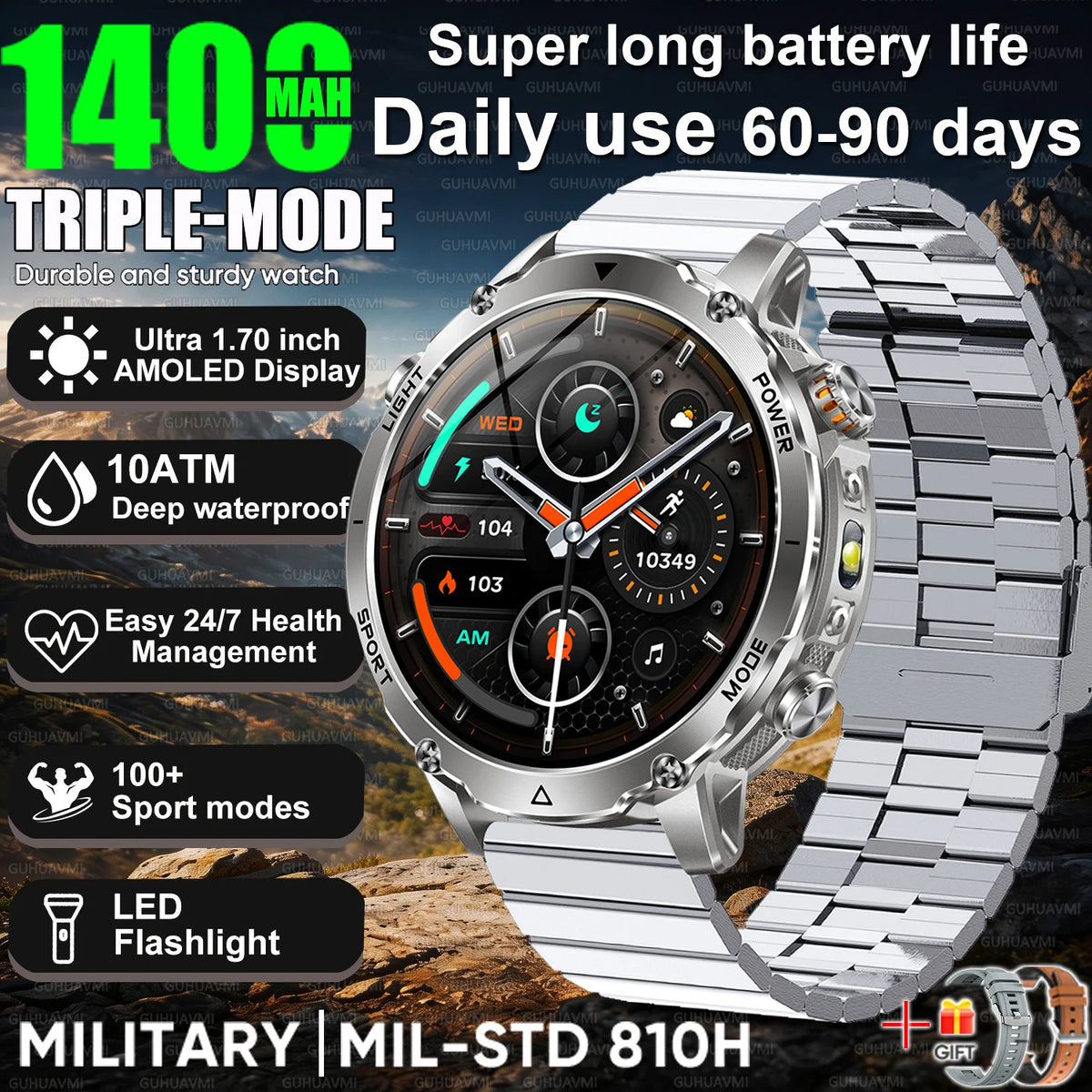 2026 Hot New 1400mAh Extra-Large Battery SmartWatch Men Military Outdoor SOS Flashlight  Waterproof Heart Rate Sports Smartwatch