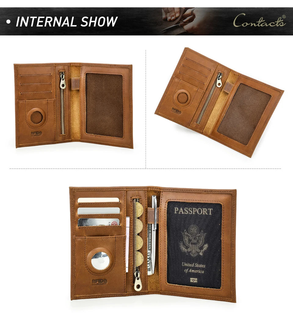 CONTACT'S Genuine Leather Passport Wallet Card Holder Coin Purse AirTag Slot Men Travel Wallet Women‘s Purse Passport Cover Bag