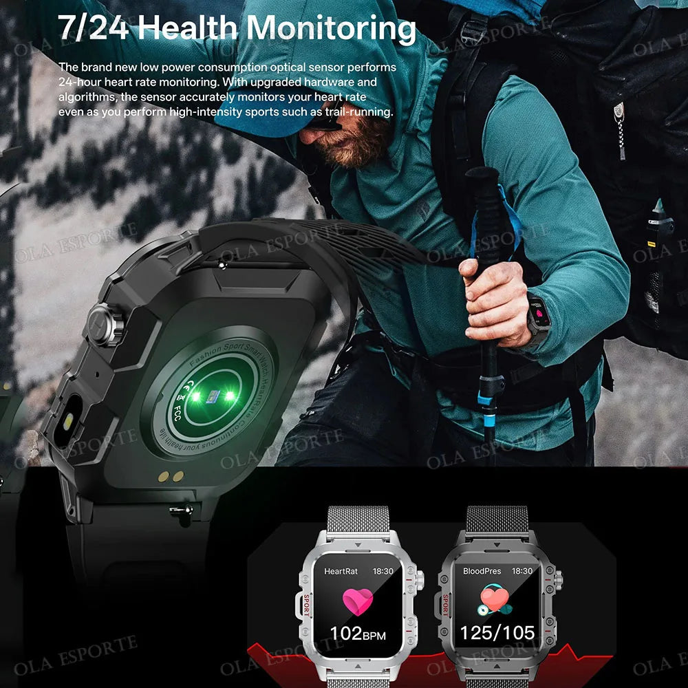 New Military Smart Watch Men Health Monitor 5ATM Waterproof Outdoor Sport Tracker BT Voice Call LED Flashlight Smartwatch HW12
