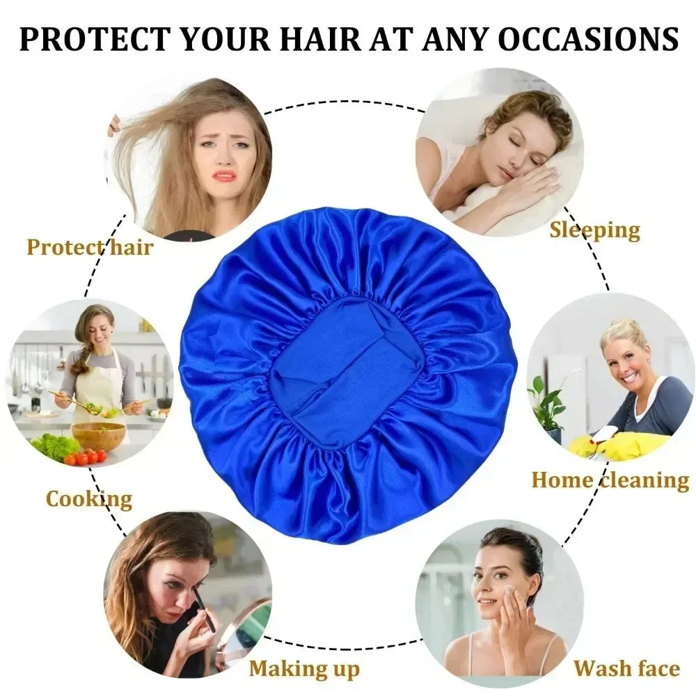 Women Satin Bonnet Hair Bonnet for Sleeping Hair Care Silk Bonnets Solid Wide-brimmed Sleeping Hat with Elastic Soft Band