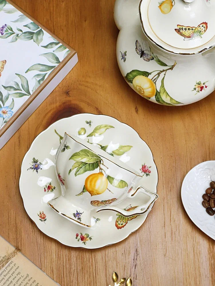 European Style Ceramic Mug Coffee Cup and Saucers Set Lemon Pattern Retro Afternoon tea cup Dessert Plate Teapot Home kettle