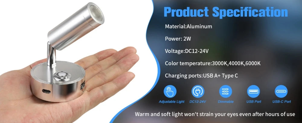 Tokili 12/24V Dimmable LED Spotlight w/ Touch Dimmer & Dual USB Ports, Reading Light for RV, Truck, Marine, Trailer, Off-Road