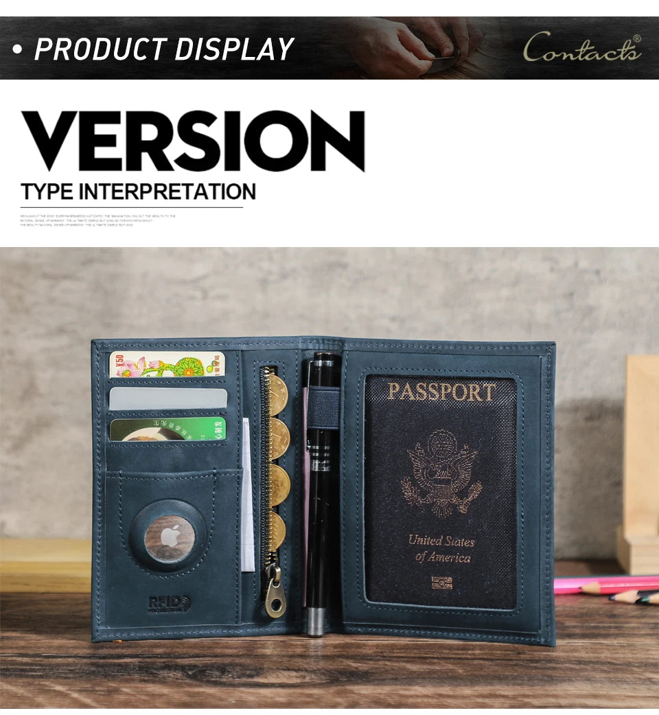 CONTACT'S Genuine Leather Passport Wallet Card Holder Coin Purse AirTag Slot Men Travel Wallet Women‘s Purse Passport Cover Bag