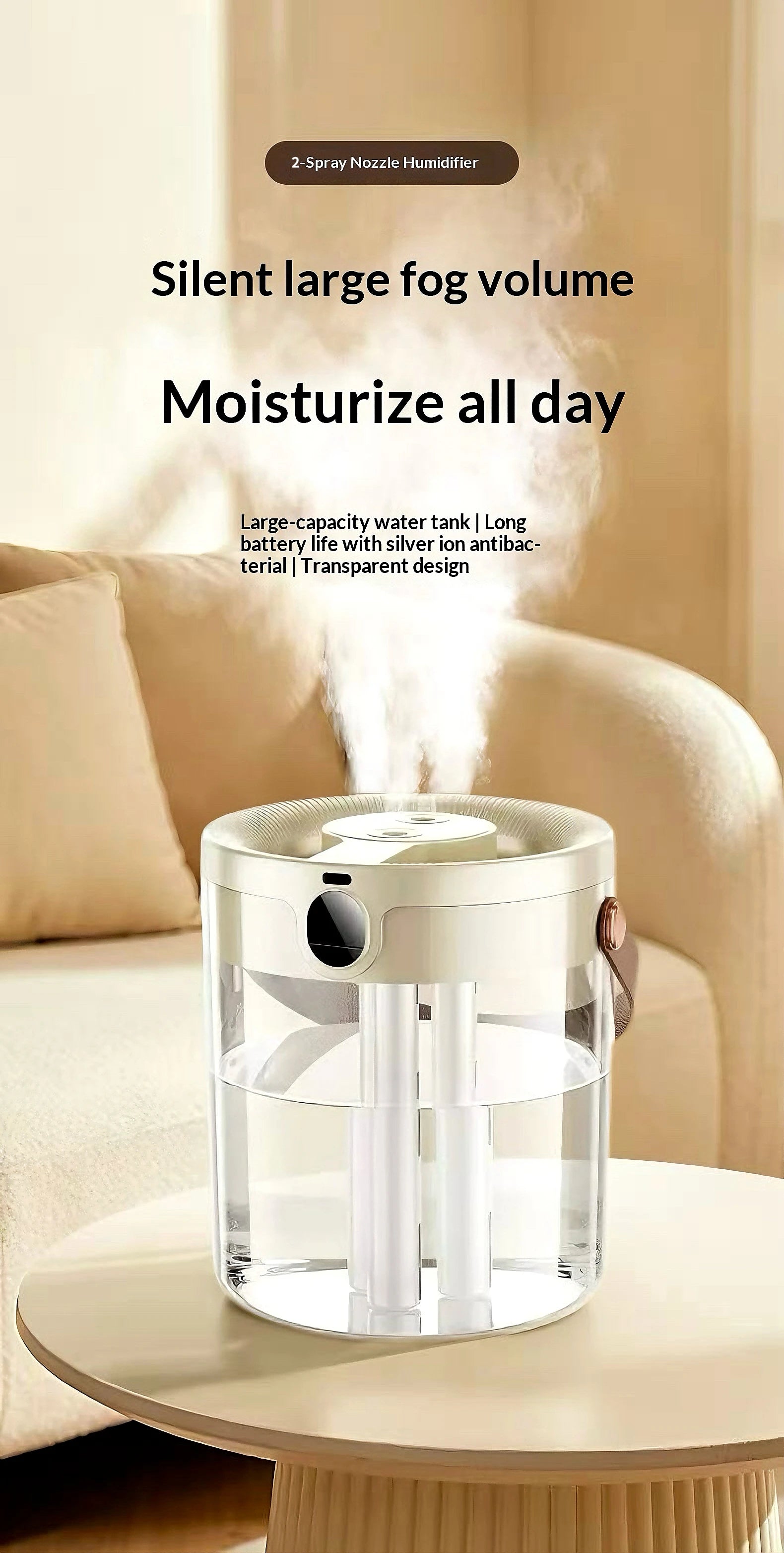 Portable Ultrasonic Humidifier 3 Spray Nozzles Digital Screen Night Light Large Water Tank Silent Aroma Diffuser for Home Use