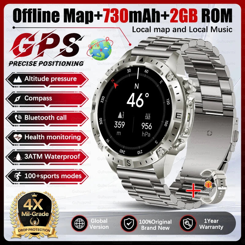 2026 Outdoor GPS Smart Watch Men 2GB ROM Offline Map 730mAh Battery 3ATM Waterproof Compass Altimeter Health Monitor Smartwatch