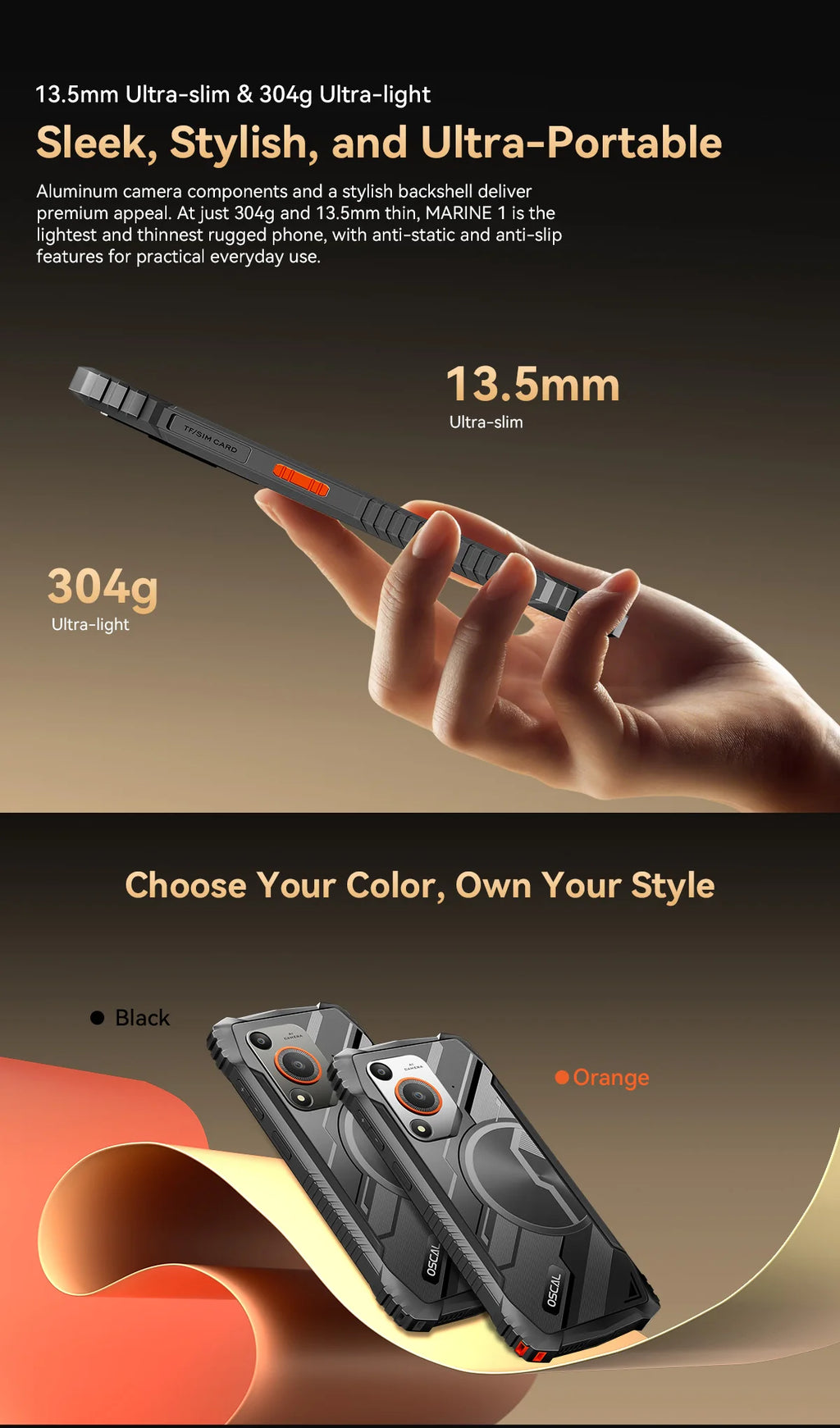 Oscal MARINE 1 Outdoor Smartphone 6.56 inch HD+ Display Unisoc T615 Android 15 Rugged Phone 4GB+128GB, 5100mAh, NFC Mobile Phone