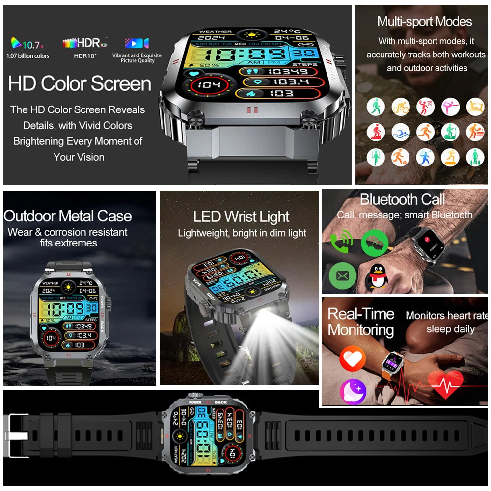 2025 New Outdoor Military Rugged Smart Watch Men's 1.91 Inch AMOLED HD Full Screen Touch LED Light Bluetooth Call Smartwatches