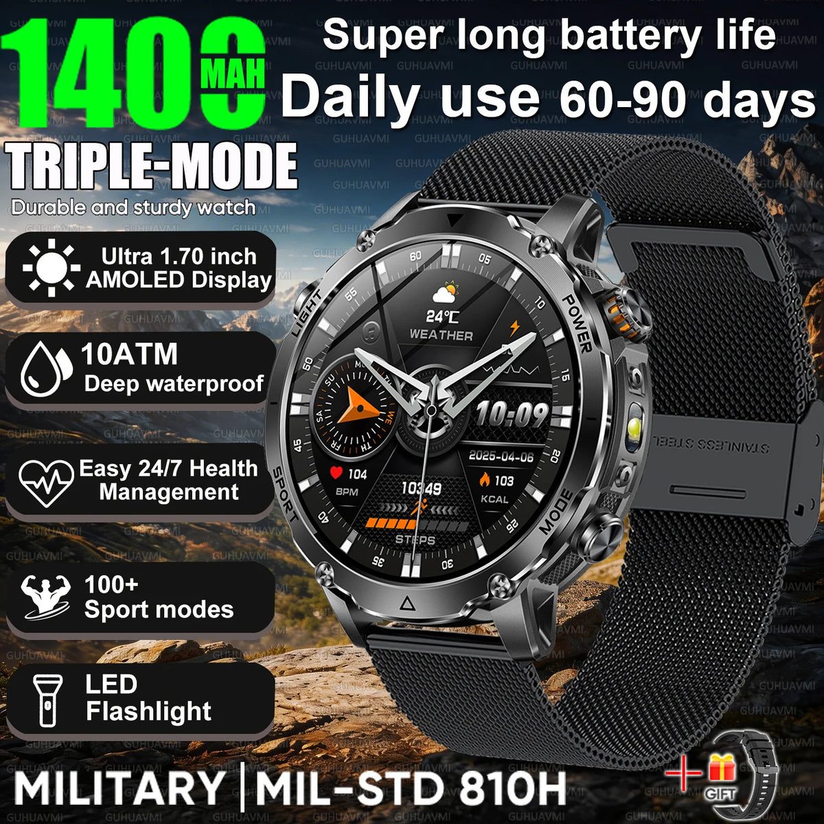 2026 Hot New 1400mAh Extra-Large Battery SmartWatch Men Military Outdoor SOS Flashlight  Waterproof Heart Rate Sports Smartwatch