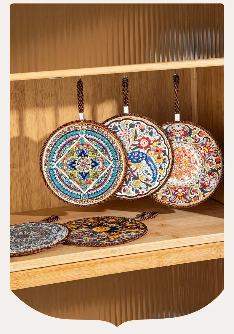 HeMu Bohemian Style Ceramic Pot Holders,Mandala Pattern Heat Resistant Trivets,Hanging Kitchen Coasters with Rope for Hot Dishes