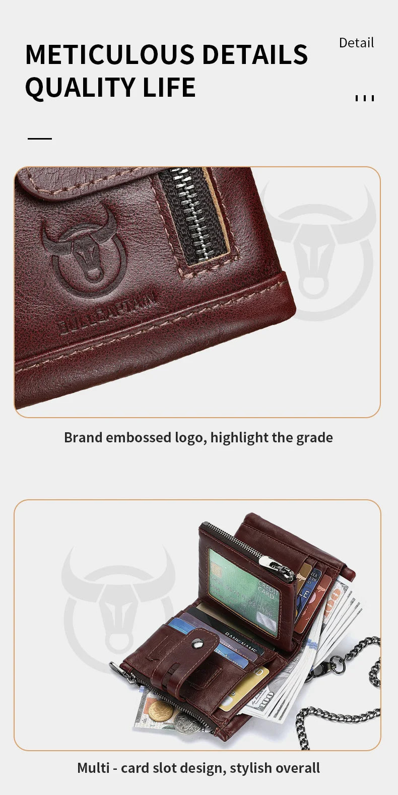 Bullcaptain Genuine Leather Men's Wallet Fashion Quality Travel Purse Rfid Protect Credit Card Holder Wollst for Men with Chain