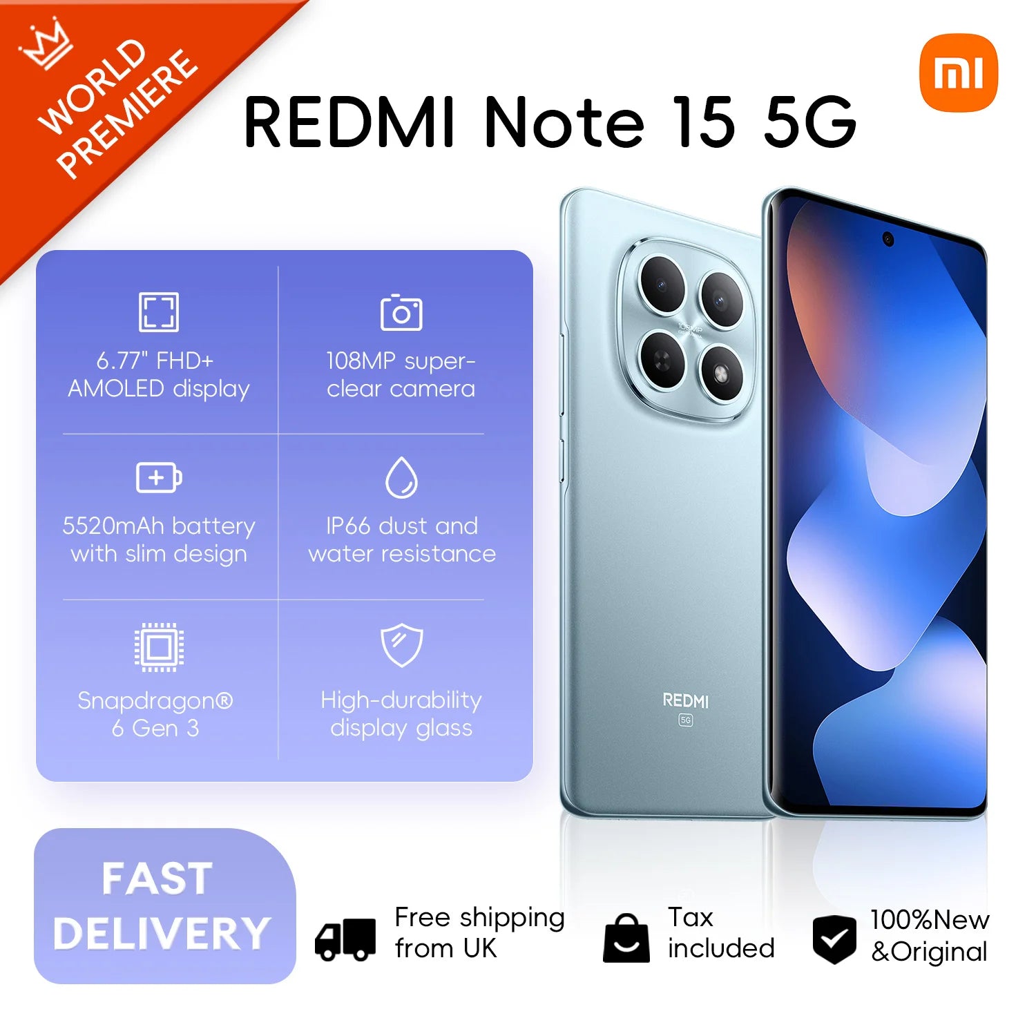 Xiaomi Redmi Note 15 5G 6+128GB Global Version Snapdragon® 6 Gen 3 Mobile Platform 6.77" 120Hz Display 108MP Camera 5520mAh 45W