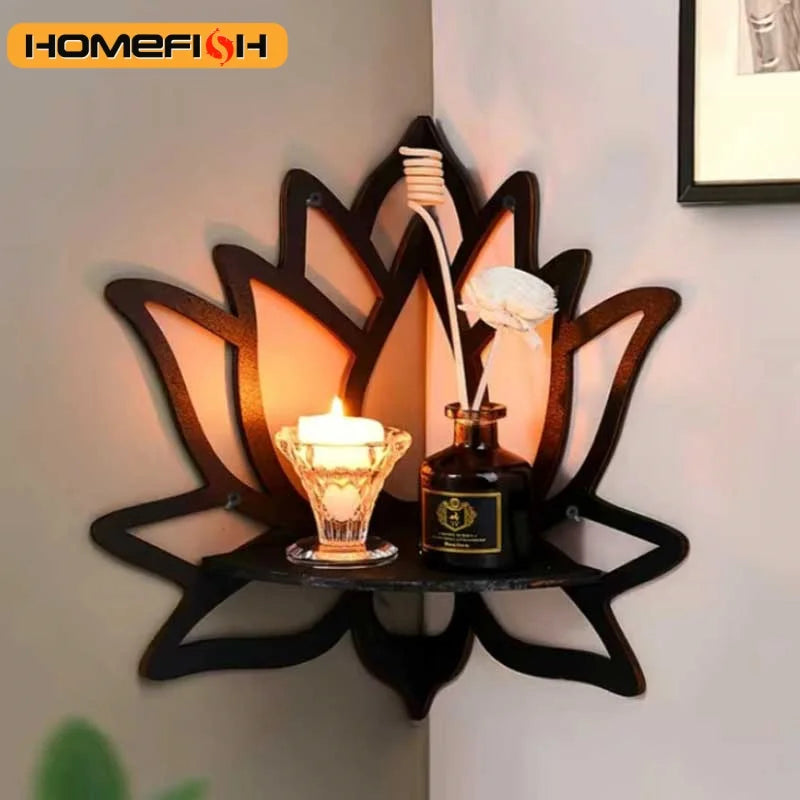 Wooden Lotus Hollow Decorative Rack Aromatherapy Organiser Essential Oil Candle Holder Wall Mounted Shelf Corner Shelf