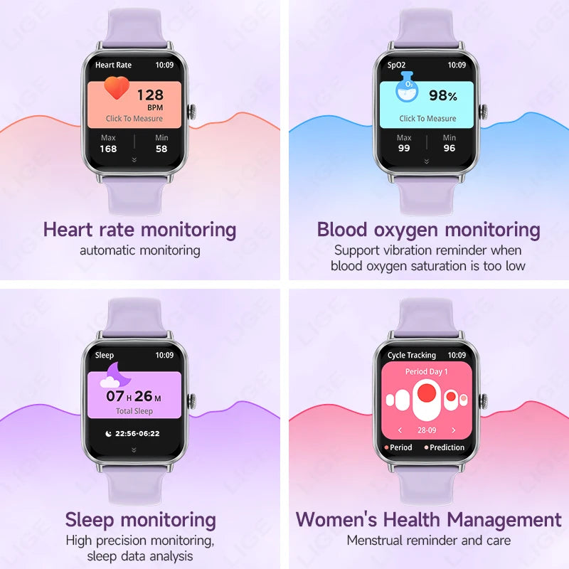 LIGE Fashion 1.83" HD Screen Smart Watch Women Bluetooth Call IP68 Waterproof Ladies Watches Daily Health Monitor Smartwatch New