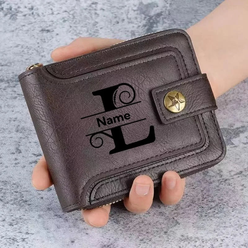 Men's Custom Wallet - Personalized Artificial Leather Men's Engraved Name and Letter Wallet, Father's Day Dad Gift, Brown