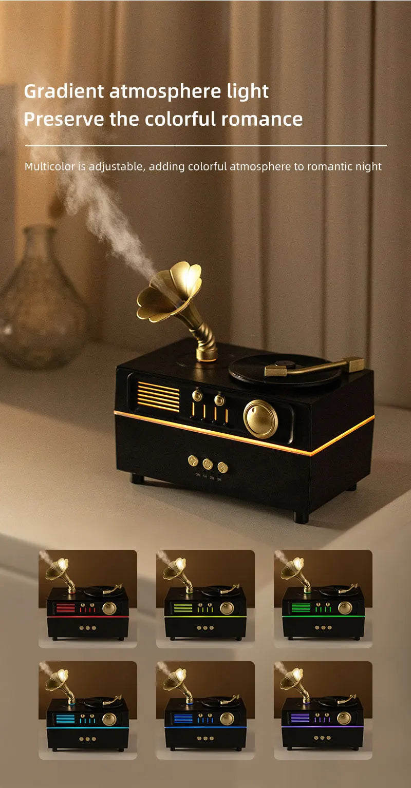 5V Retro Phonograph Bluetooth Speaker Humidifier Ultrasonic Aroma Diffuser Rotating Colorful Light Remote Essential Oil Atomizer