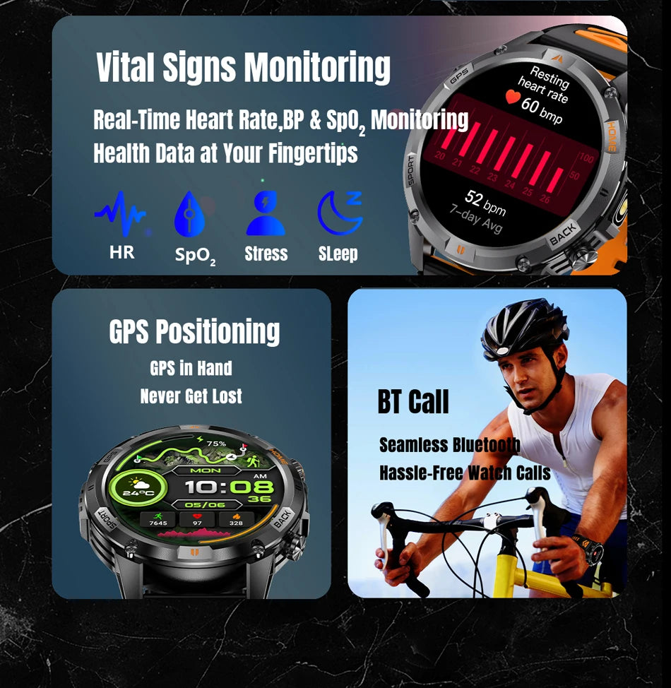 2025 New Professional GPS Sports Smart Watch Outdoor RIDE Run GPS track Swim Watchs Compass 3ATM Sports Bluetooth Call Watch Men