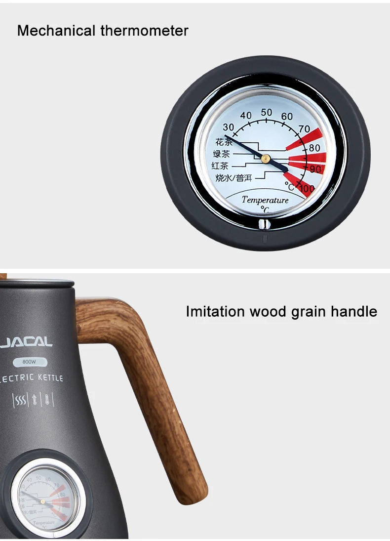 1.0L Electric Kettle Retro Gooseneck Hand Brewed Coffee Pot Slender Mouth Teapot Stainless Steel Liner Kettle with thermometer
