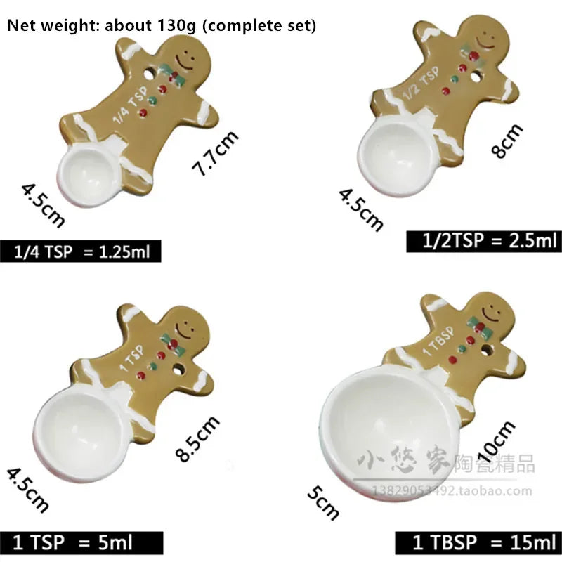 4pcs Christmas Measuring Spoons Set, 3D Hand-painted Ceramic Bowl Measuring Cup, Baking DIY Cake Flour Kitchen Accessories Gift