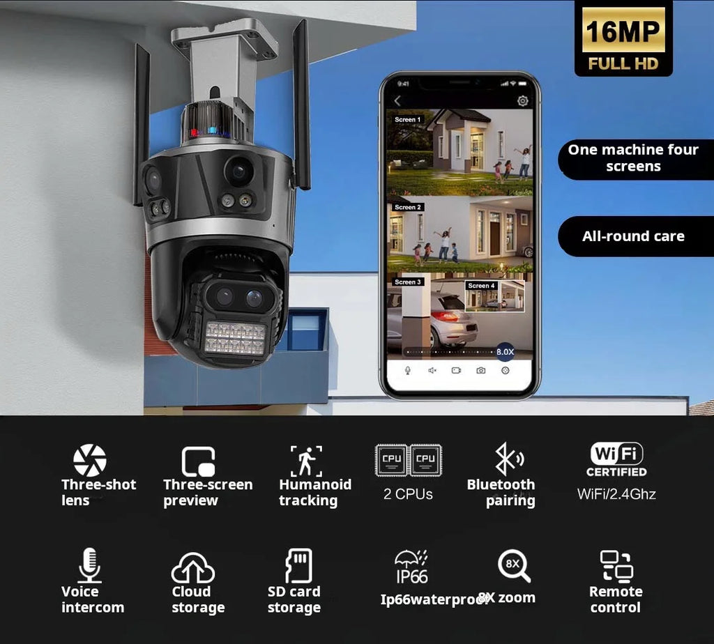 8K 16MP WiFi IP Camera 8X Zoom Four Lens Outdoor PTZ Security Camera Auto Tracking Smart Security Protection CCTV Video Camera
