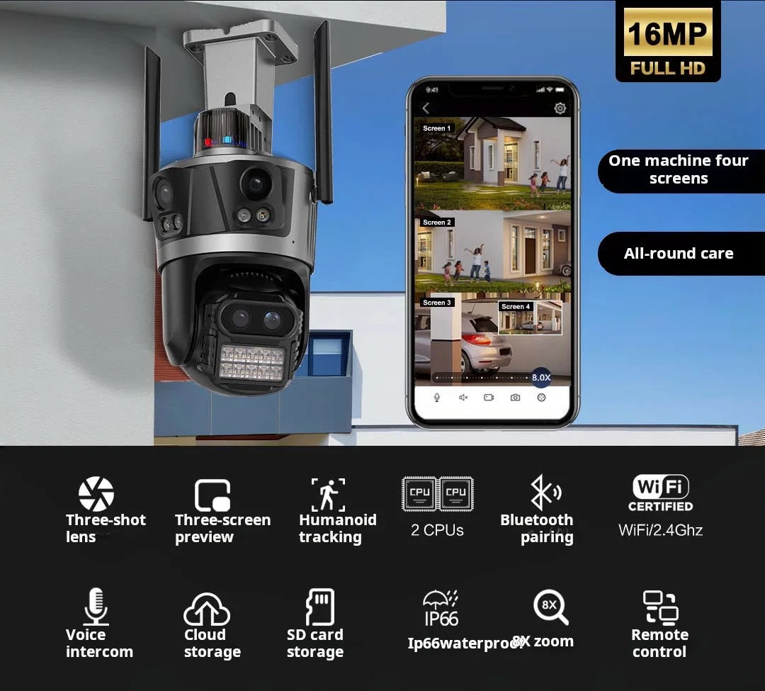 8K 16MP WiFi IP Camera 8X Zoom Four Lens Outdoor PTZ Security Camera Auto Tracking Smart Security Protection CCTV Video Camera