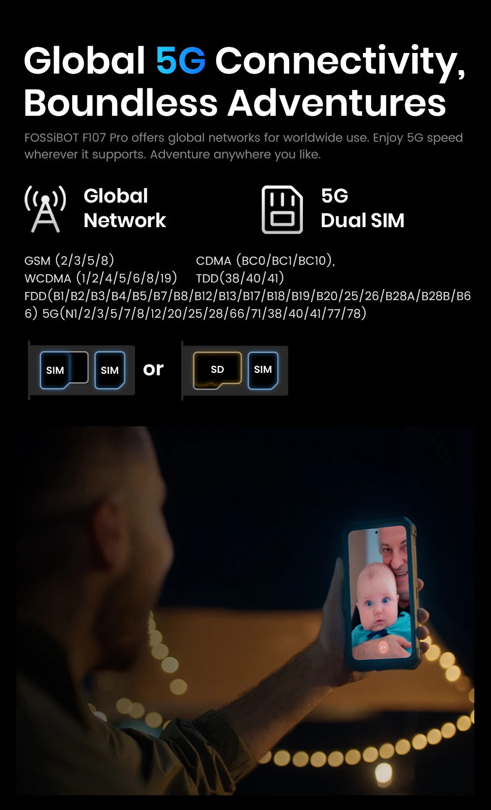 Fossibot Smartphone [F107 Pro 5G] 28000mAh 66W Rugged Mobile Phone 12GB RAM 512GB ROM Android 15 200MP+32MP NFC Dual Flashlights