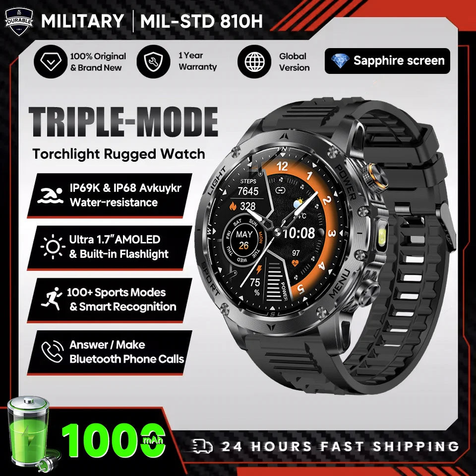 2025 New Military Grade Men 1000mAh Super Large Battery Smart Watch GPS 3ATM Waterproof Bluetooth Call Sports Fitness Smartwatch
