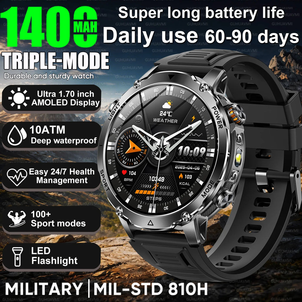 2026New 1.7 inches TANK SmartWatch Military Grade Durability 1400mah Battery HD Call 10ATM Waterproof Flashlight Sport Watch Men