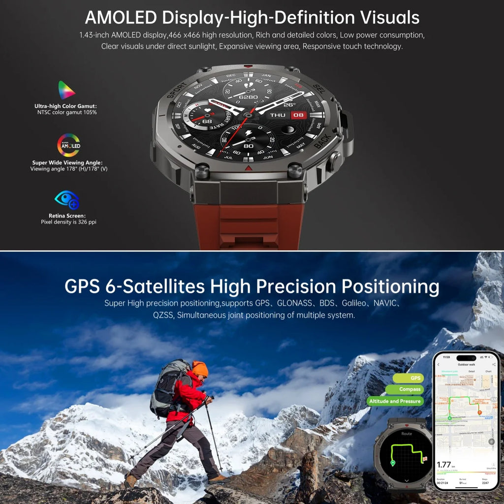 VWAR T-Rex 3 Pro Ultra Dual-Band GPS Military Smart Watch 48mm 10ATM Water-Resistant Compass Altimeter Smartwatch Men