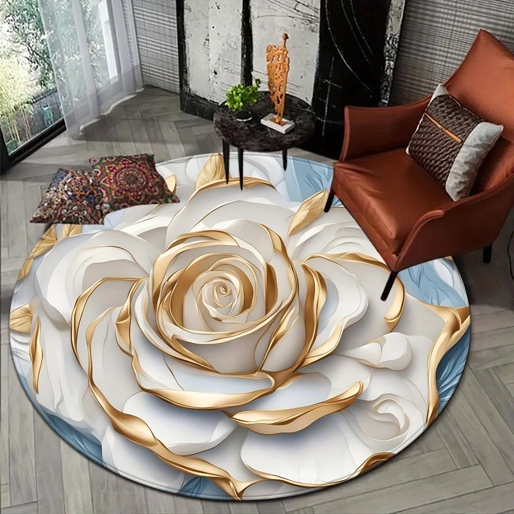 1pc round floor mat with white rose and gold decoration, polyester fabric, suitable for bedroom and living room decoration