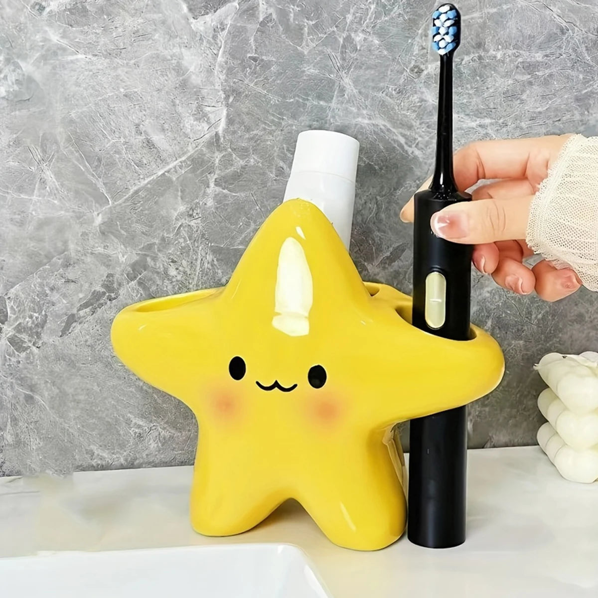 Cute Star-Shaped Toothbrush Holder  Freestanding Bathroom Organizer with Cute Face Design, Space-Saving Toothbrush & Toothpaste