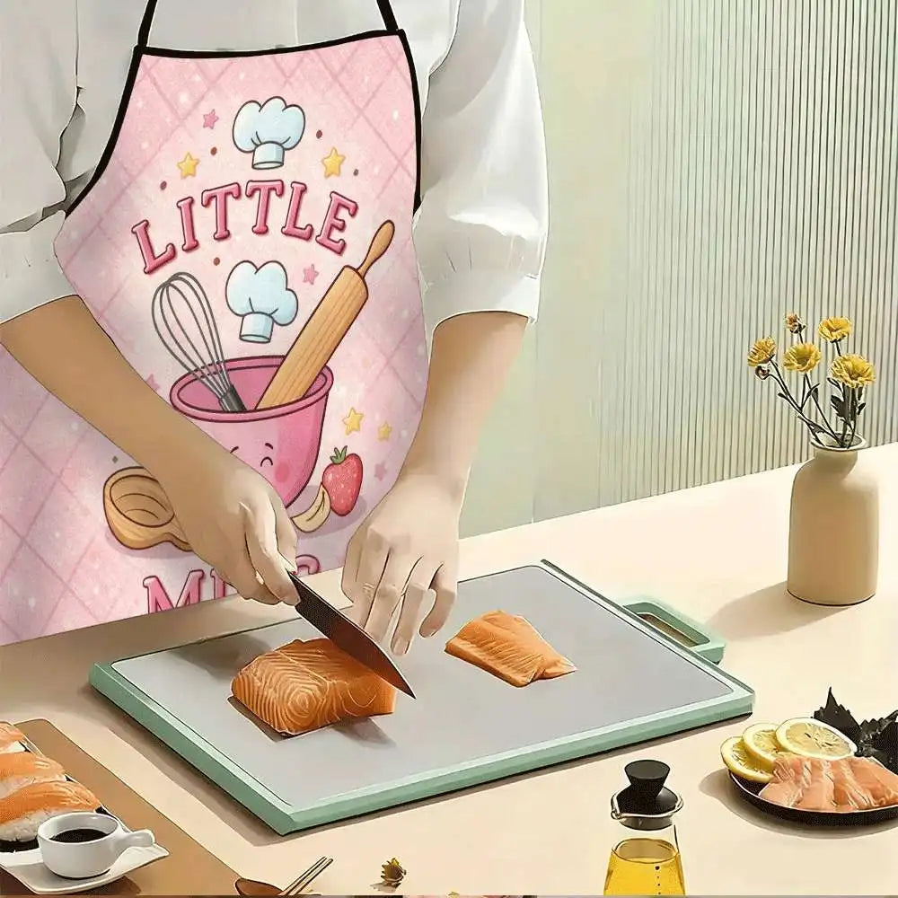 Little Miss Chef Kids Apron - Cute Baking Cooking Pattern with Chef Hat Rolling Pin Bowl Kitchen Bib for Girls Children